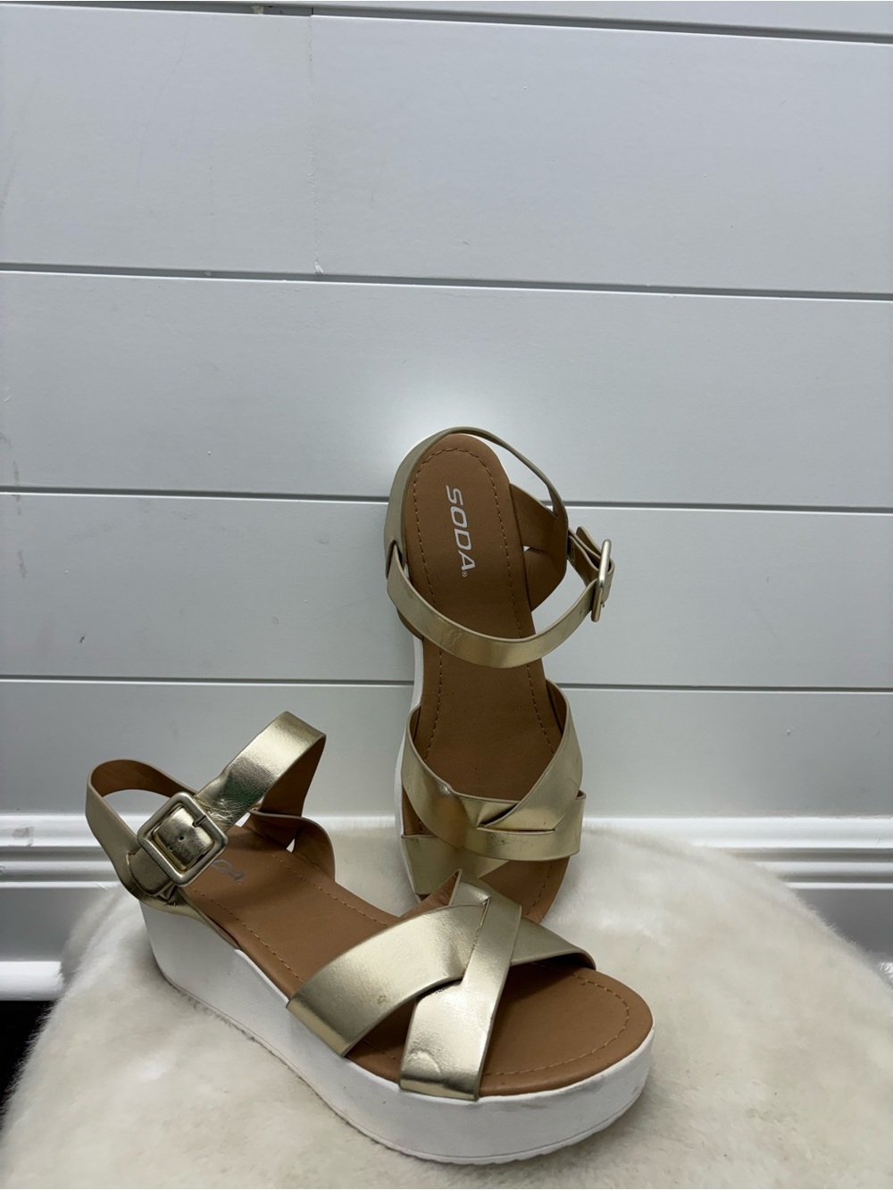 Soda Metallic Gold Platform Wedge Sandals with Ankle Buckle
